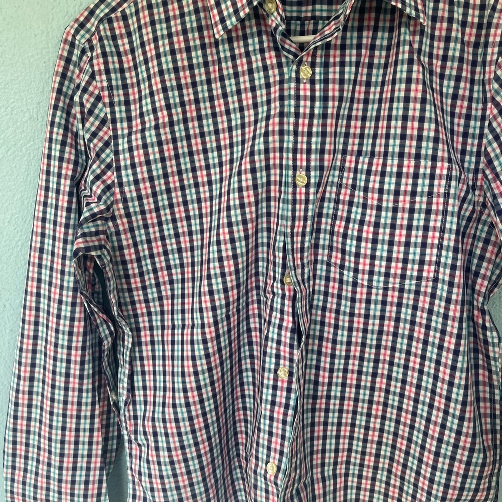 Banana Republic Men's Blue and Pink Plaid Shirt
